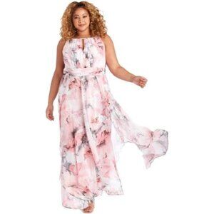 R & M Richards Pink Floral Ruffled Maxi Dress Women's 16W Chiffon Fairy Feminine